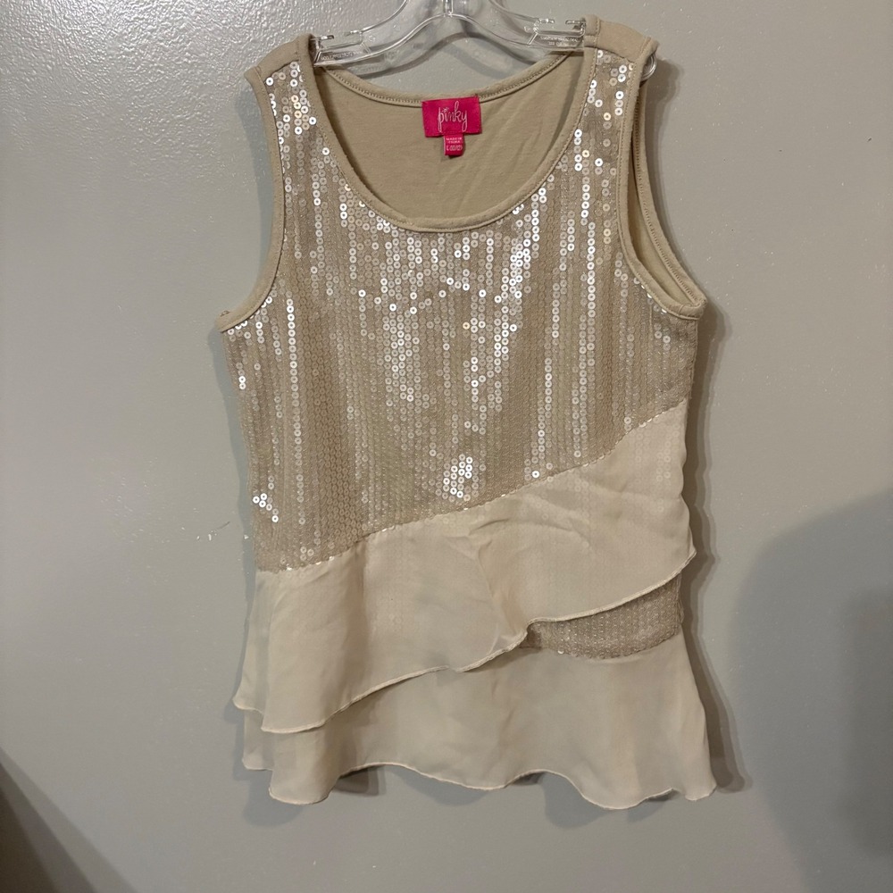 Pinky Sequin Tank Top Beige Sleeveless‎ Ruffle Party Layered Casual Girls